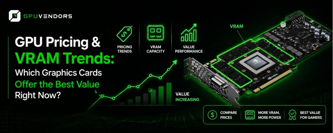 GPU Pricing & VRAM Trends infographic showing a graphics card with labeled VRAM, pricing trends chart, and value metrics for comparing GPU prices and performance.