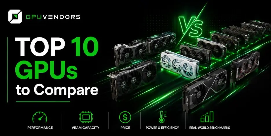 Top 10 GPUs to Compare Before Buying - GPU Vendors Guide Top 10 GPUs lineup comparison featured graphics cards displaying key evaluation metrics including performance, VRAM capacity, price, power efficiency, and benchmarks by GPU Vendors.