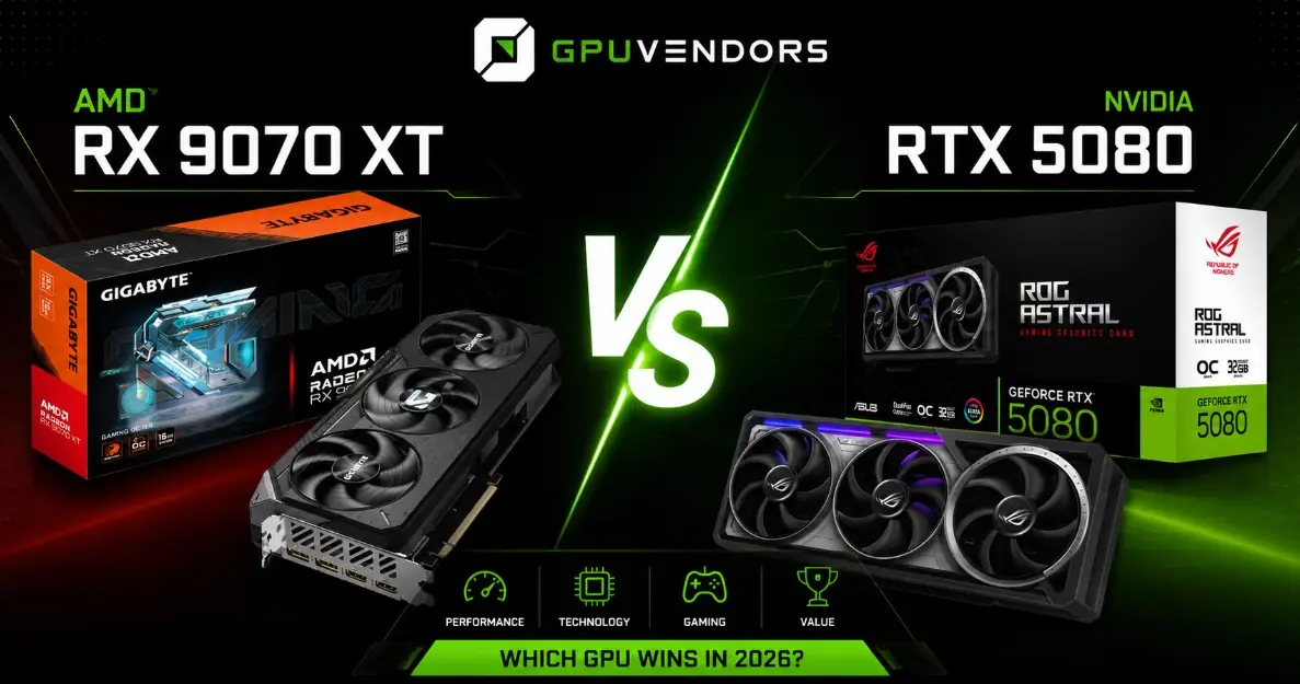 AMD RX 9070 XT vs NVIDIA RTX 5080 Comparison | GPUVendors 2026 A comparative infographic showing the Gigabyte AMD Radeon RX 9070 XT graphics card and box on the left, and the ROG Astral NVIDIA GeForce RTX 5080 graphics card and box on the right. A large green "VS" is in the center on a black futuristic background. Icons below highlight Performance, Technology, Gaming, and Value.
