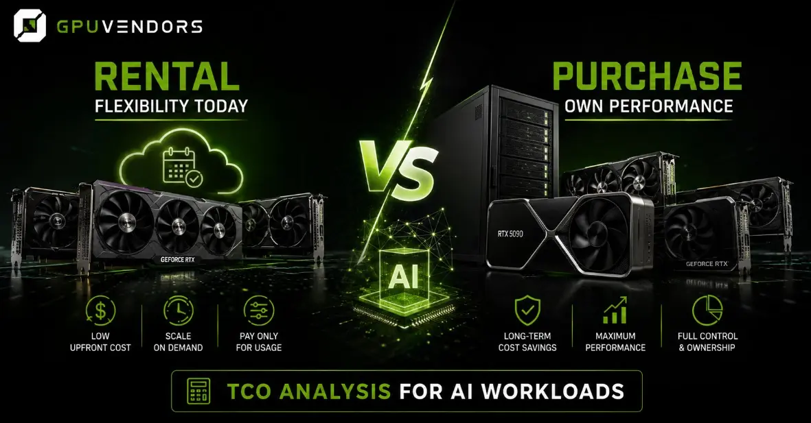 GPU Rental vs. Purchase TCO Analysis for AI Workloads Infographic comparing GPU rental flexibility with hardware purchase ownership for AI workloads, featuring a TCO analysis layout.
