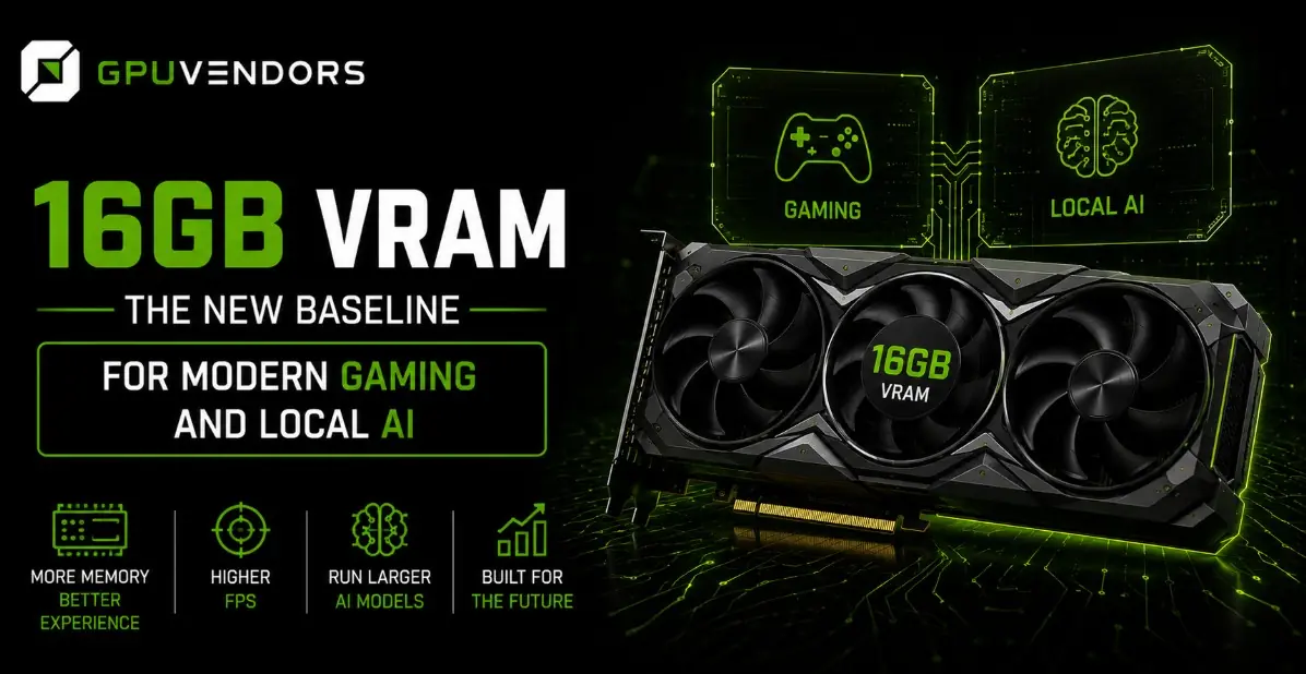 16GB VRAM The New Baseline for Gaming and AI – GPU Vendors Graphic highlighting "16GB VRAM: The New Baseline" for modern gaming and local AI with a triple-fan graphics card by GPU Vendors.
