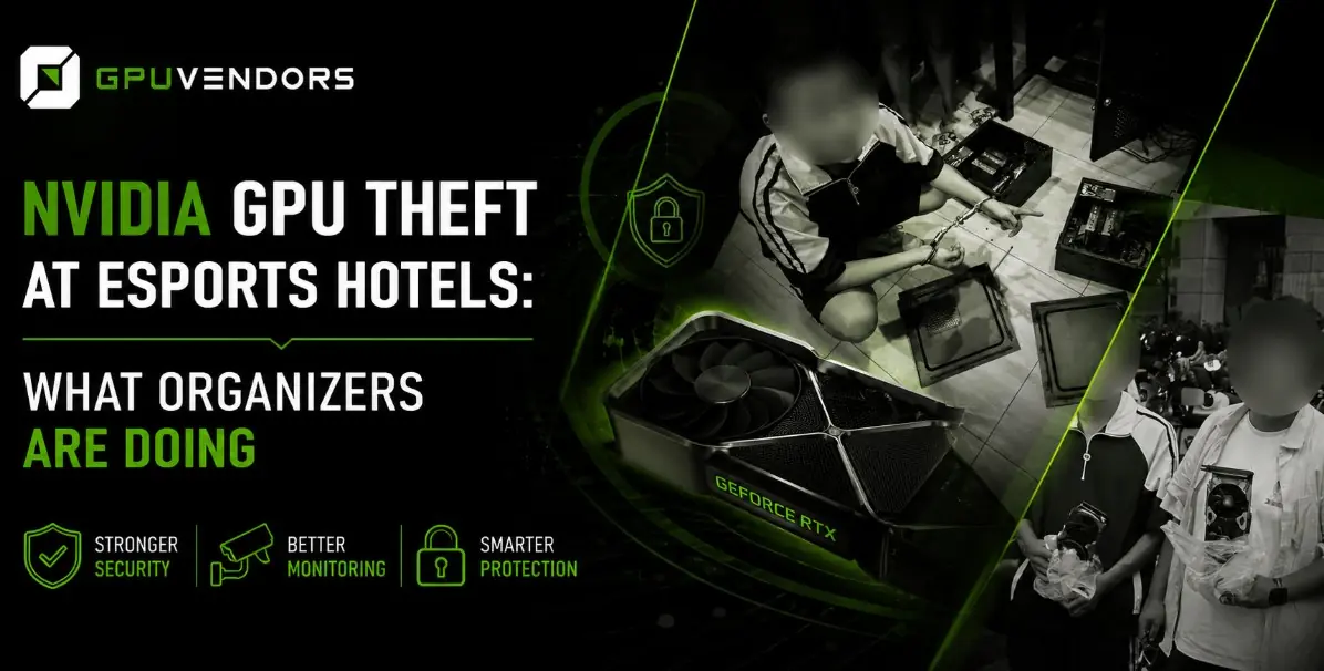 Infographic titled "NVIDIA GPU Theft at Esports Hotels: What Organizers Are Doing" featuring a graphics card and security highlights by GPU Vendors.