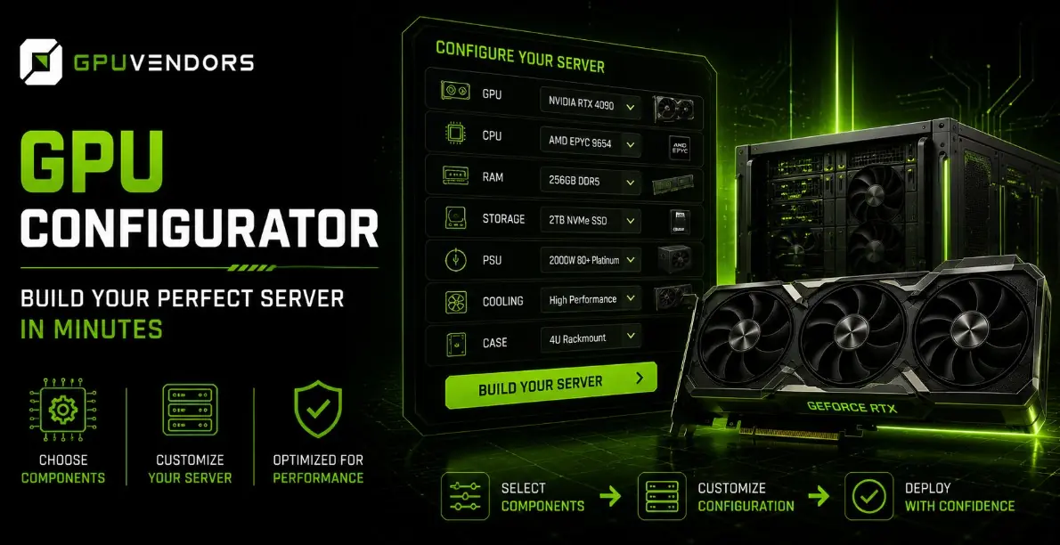 GPU Server Configurator and Custom Build Tool Infographic for the GPU Configurator tool, showing step-by-step custom server building options including GPU, CPU, RAM, and storage selection.