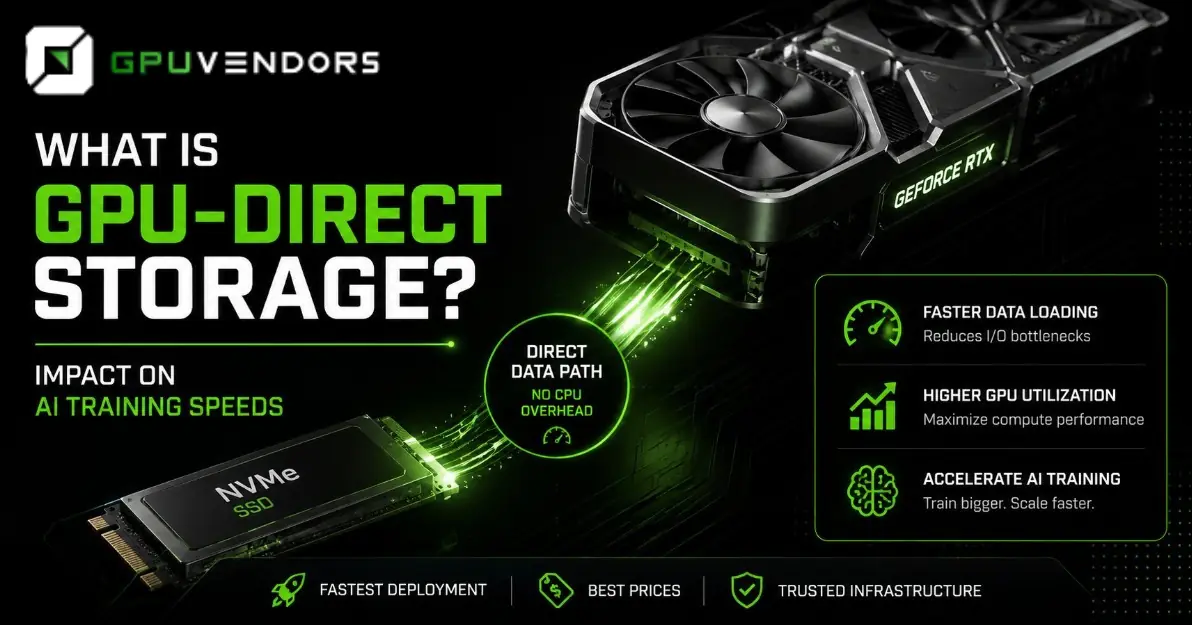 Infographic illustrating GPU-Direct Storage bypassing CPU overhead to connect an NVMe SSD directly to a graphics card for faster AI training.