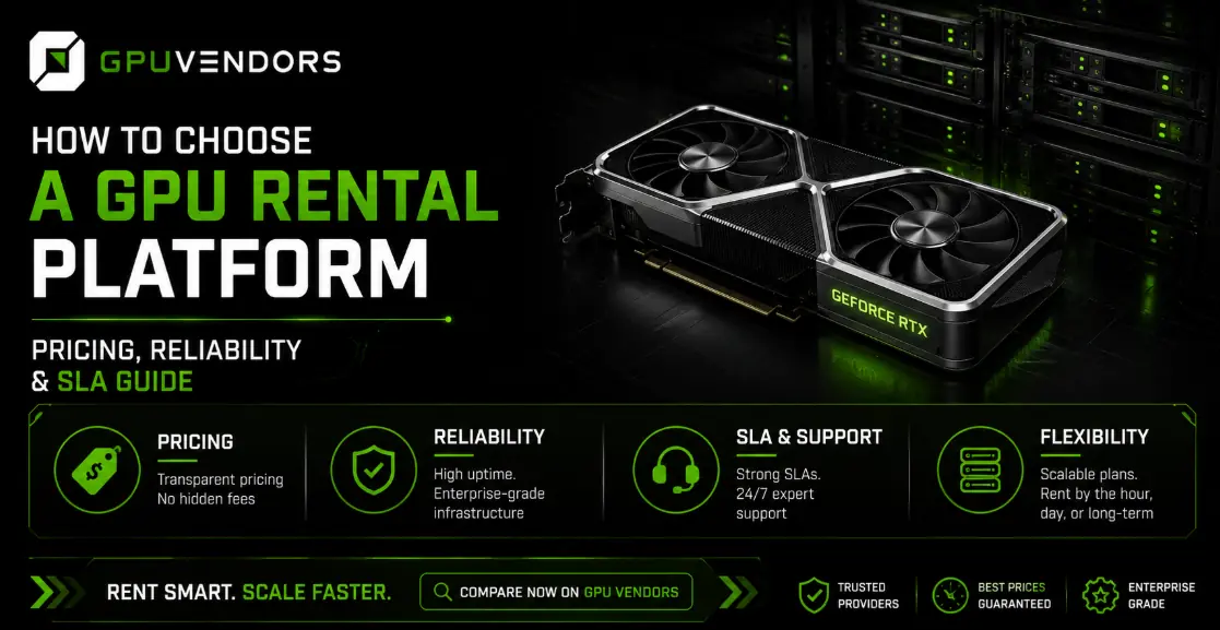 Infographic outlining how to choose a GPU rental platform, highlighting pricing, reliability, SLAs, and flexibility for enterprise infrastructure.