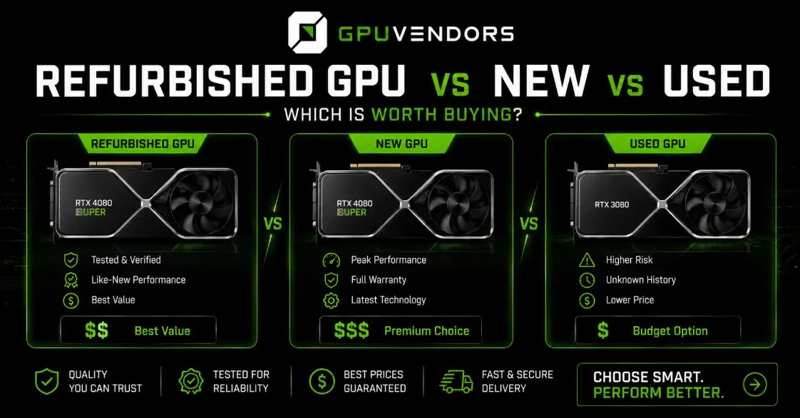 Refurbished vs New vs Used GPU Comparison Infographic comparing Refurbished GPU, New GPU, and Used GPU options, detailing pros, risks, and pricing tiers for graphics card buyers.