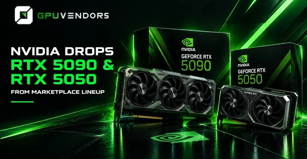 Nvidia GeForce RTX 5090 and RTX 5050 graphics cards displayed next to their retail packaging with green ambient lighting, representing their delisting from the Nvidia Marketplace catalog.