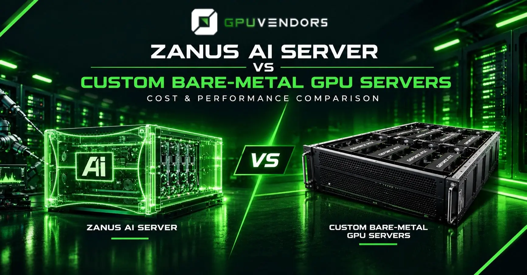 Zanus AI Server vs Custom Bare-Metal GPU Servers Cost and Performance Comparison Comparison banner showing a glowing green Zanus AI server appliance on the left versus a rack-mounted custom bare-metal GPU server on the right, created for GPU Vendors.
