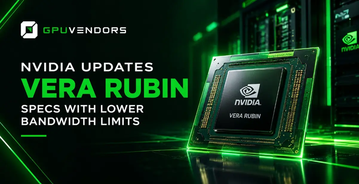 Nvidia Vera Rubin AI GPU chip module next to data center server racks highlighting updated specs and lower bandwidth limits with GPUVendors branding.